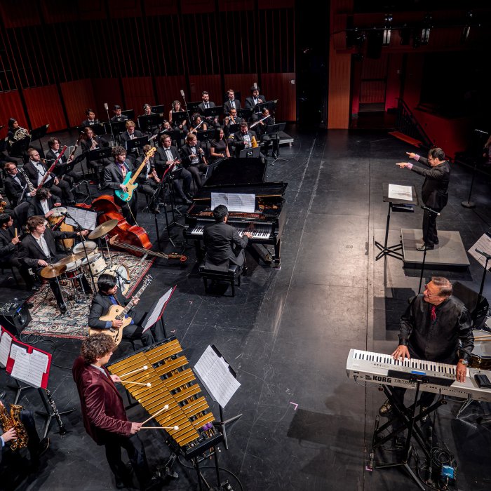 A conductor conducts a symphony.