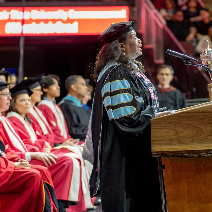 Dean Theodorea Berry of Bloomfield College addresses the class of 2025