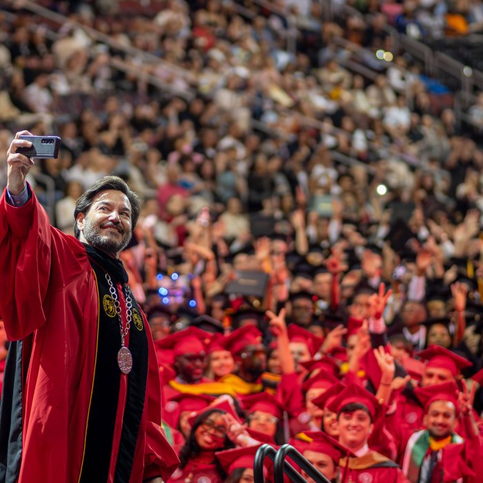 Montclair President Jonathan Koppell takes a selfie with the Class of 2025 