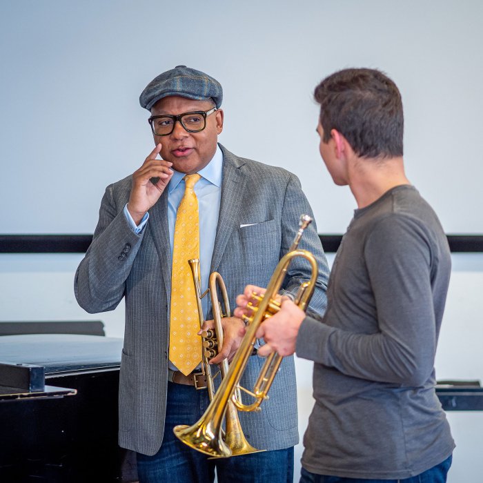 Wynton Marsalis speaking with a Montclair student