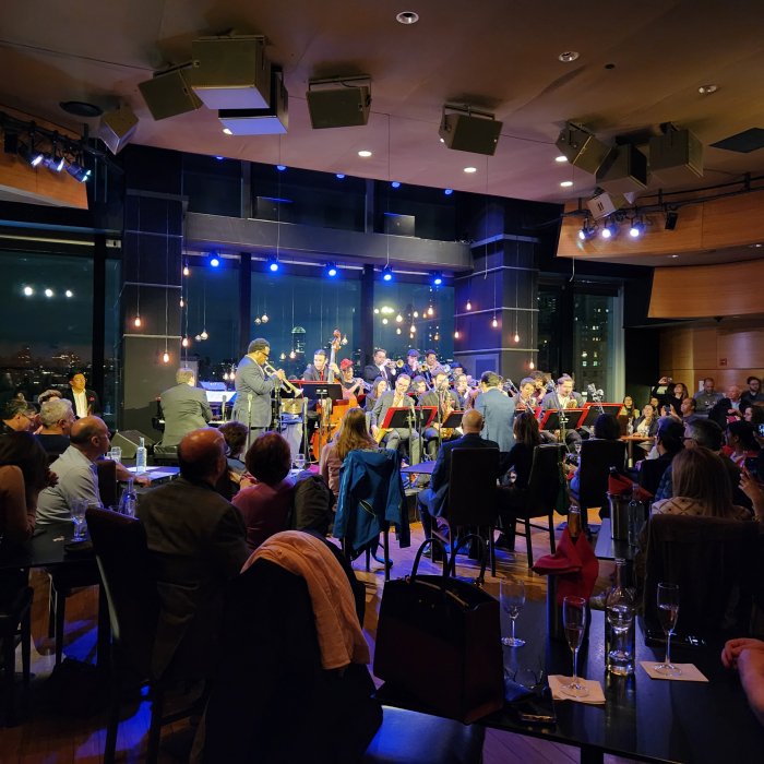 Jazz students on stage performing at Dizzy’s club in NYC