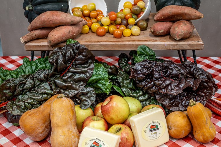 A Farm Box display arranged on a red-and-white checkered tablecloth features whole apples, butternut squash, rainbow chard with green and dark red leaves, sweet potatoes, colorful cherry tomatoes in bowls, acorn squash, and blocks of locally made Colby cheese.