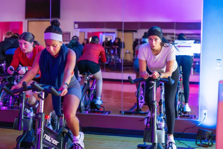 Students working out on stationary bikes in the Student Rec Center