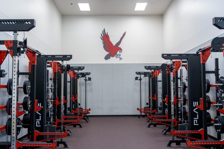 View of the Student Recreation Center with the MSU Red Hawk Logo on the wall.