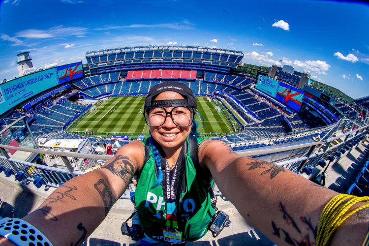Irish Maliborski takes a selfie high above Gillette Stadium/ Boston Stadium during the World Cup.