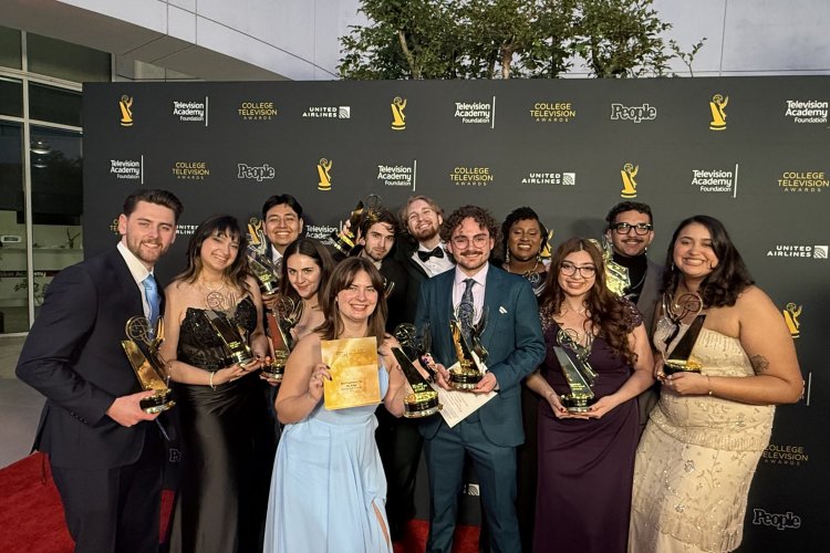 A group of Montclair Students holds their award at the College Television Awards