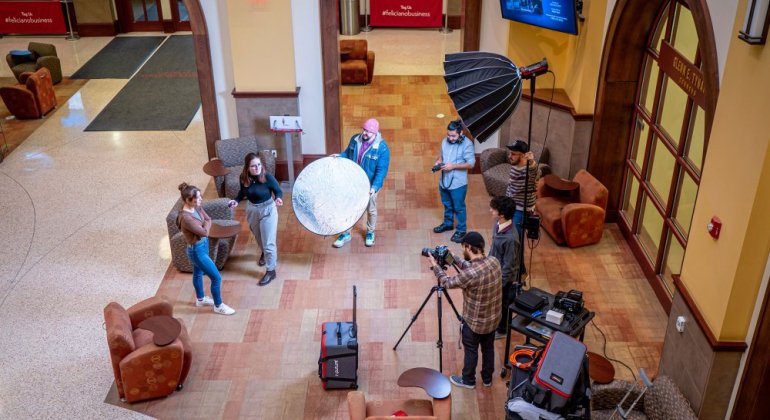 overhead view of students filming
