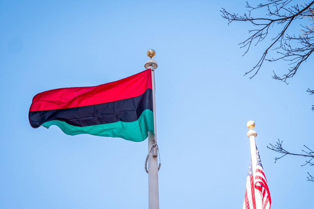 Pan-African flag waving in the wind.
