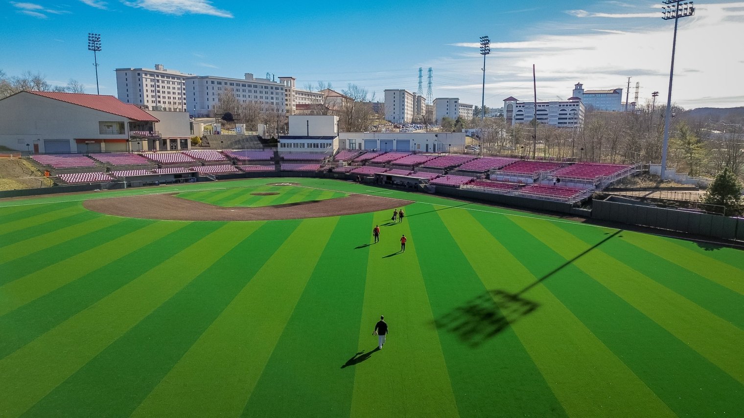 An aerial view of the new turf field at Yogi Berra Stadium.