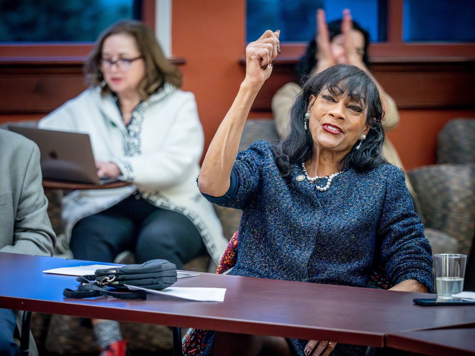 Montclair Township Mayor Renee Baskerville raises her hand in enthusiasm.