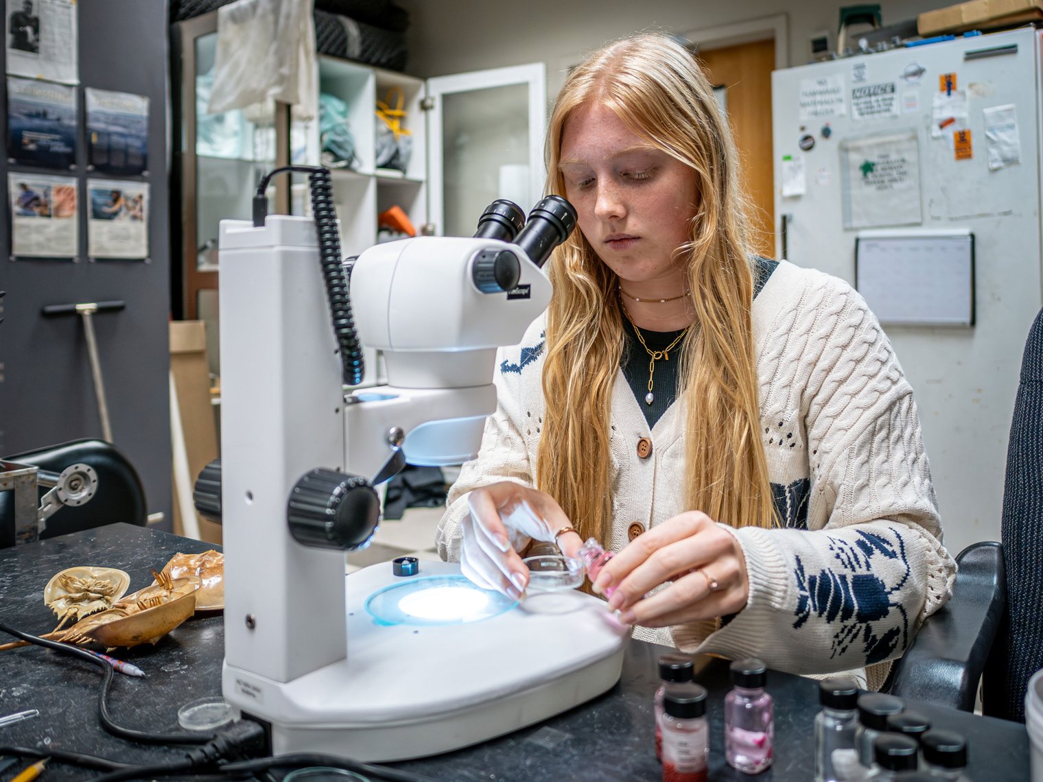 A woman places a petri dish under a binocular microscope in a lab