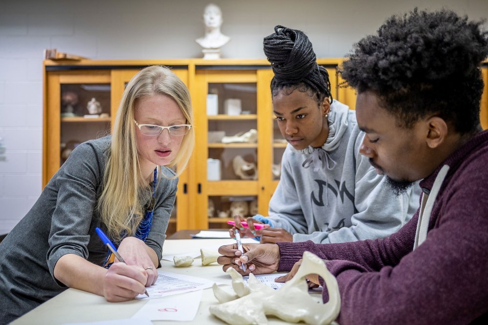two students examining bones and taking notes with their teacher.