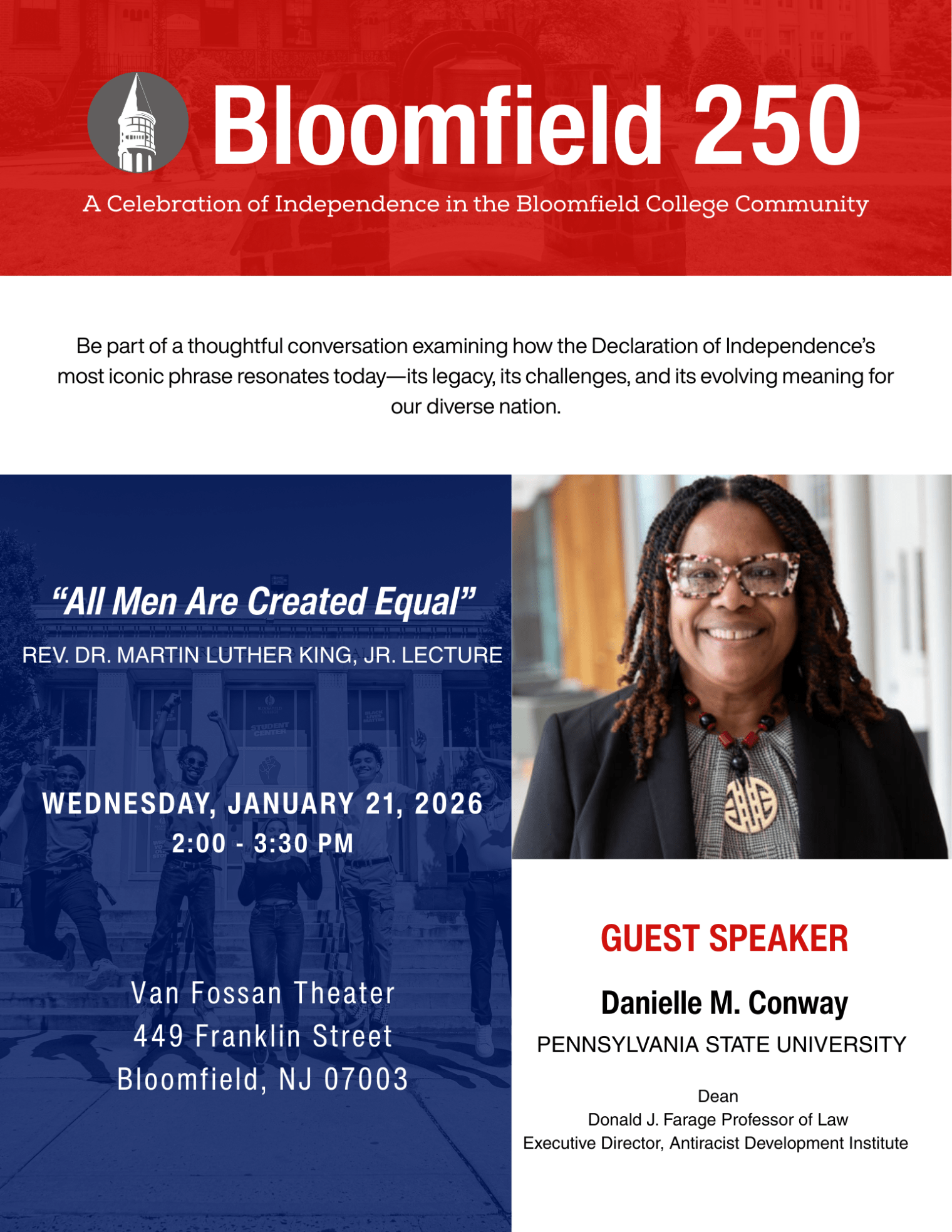 Infographic on the 250th anniversary of Bloomfield, quotes on the left side and a picture of a woman smiling on the left. 