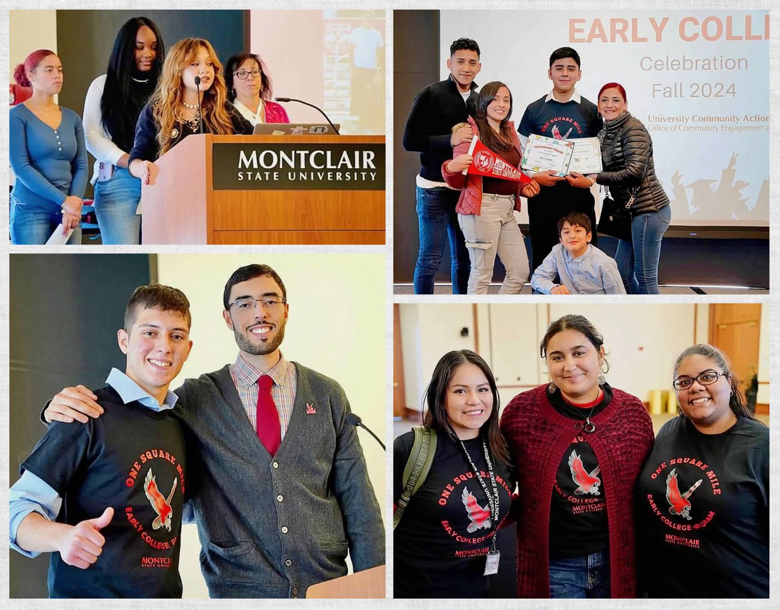 Early College students, families, and staff celebrating the end of the fall semester at Montclair State University. Top left: Early College scholar Blanca Gonzalez presents her work at the podium. Top right: A student celebrates with their family and receives a certificate. Bottom left: Early College scholar Juan Arredondo poses with Program Coordinator Albert Antomattei. Bottom right: Tutors Katherine Santiago Villegas, Dani Mazariegos, and Maria Elena Gonzalez smile together.