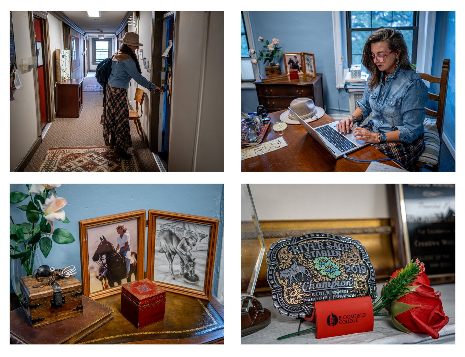 Four pictures in a swaure shape, each depicting a woman entering a room, using a laptop, a picture frame, and a rose