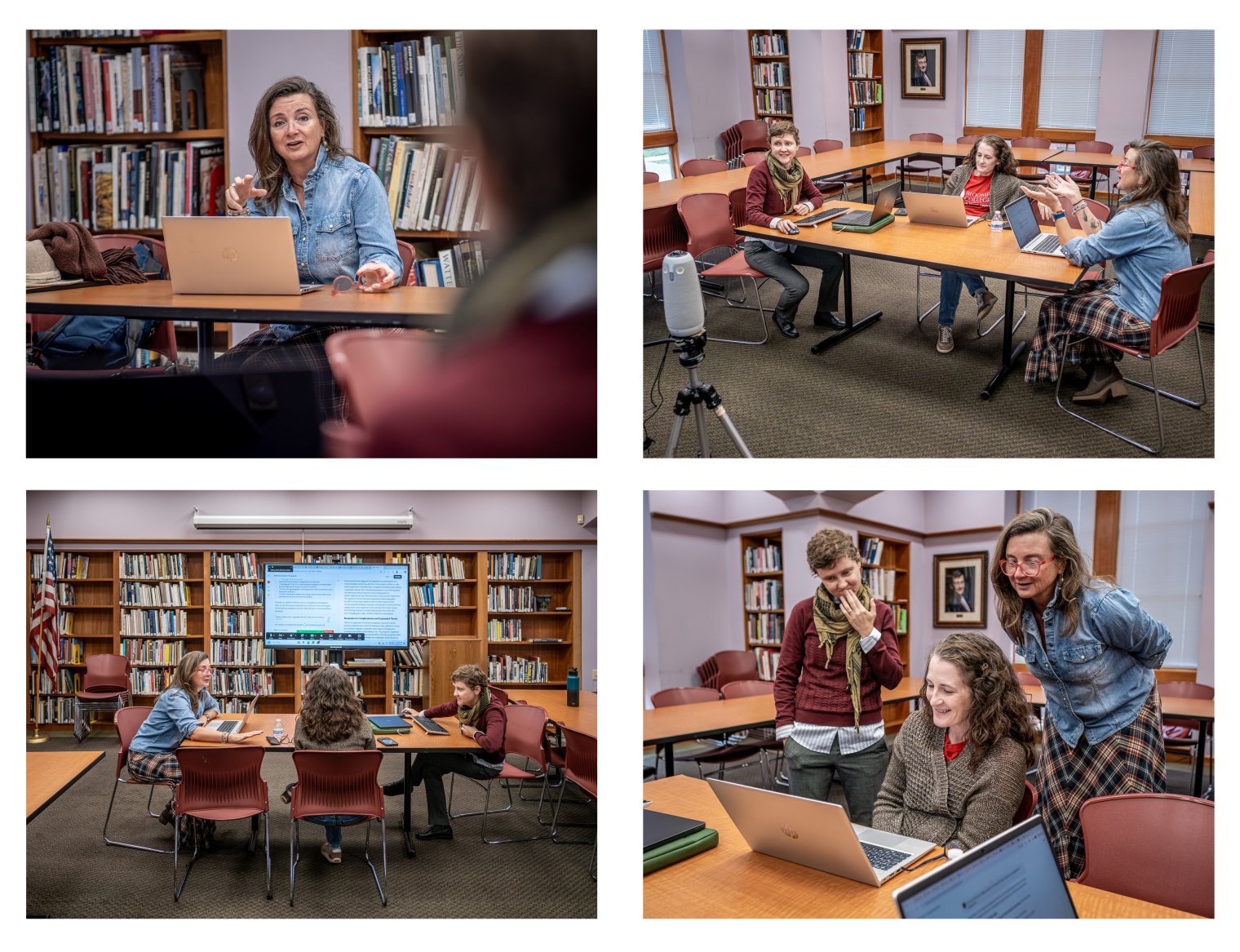 Four pictures align in the shape of a square. Each picture shows a woman explaining something to other women in a library. 