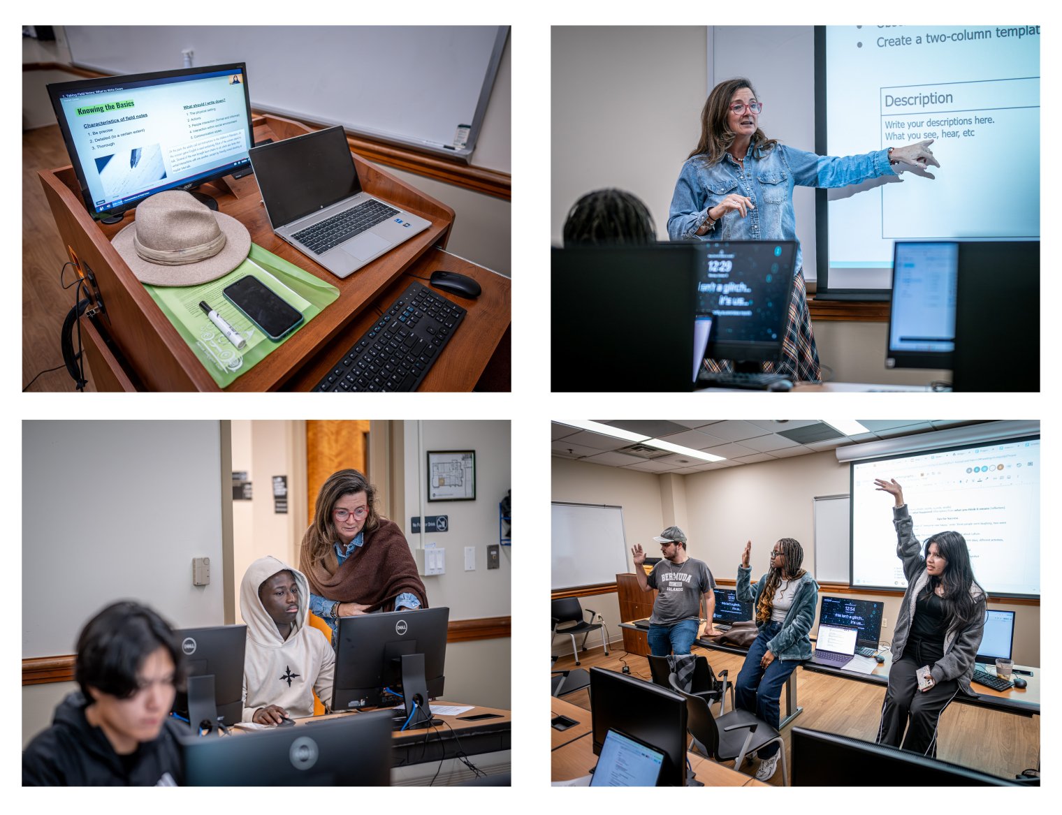 Four pictures in a square shape. One picture is of a computer and monitor over a desk, another of a woman teaching in front of a projector, another as she explains to her students, final with students raising their hands in front of the class. 