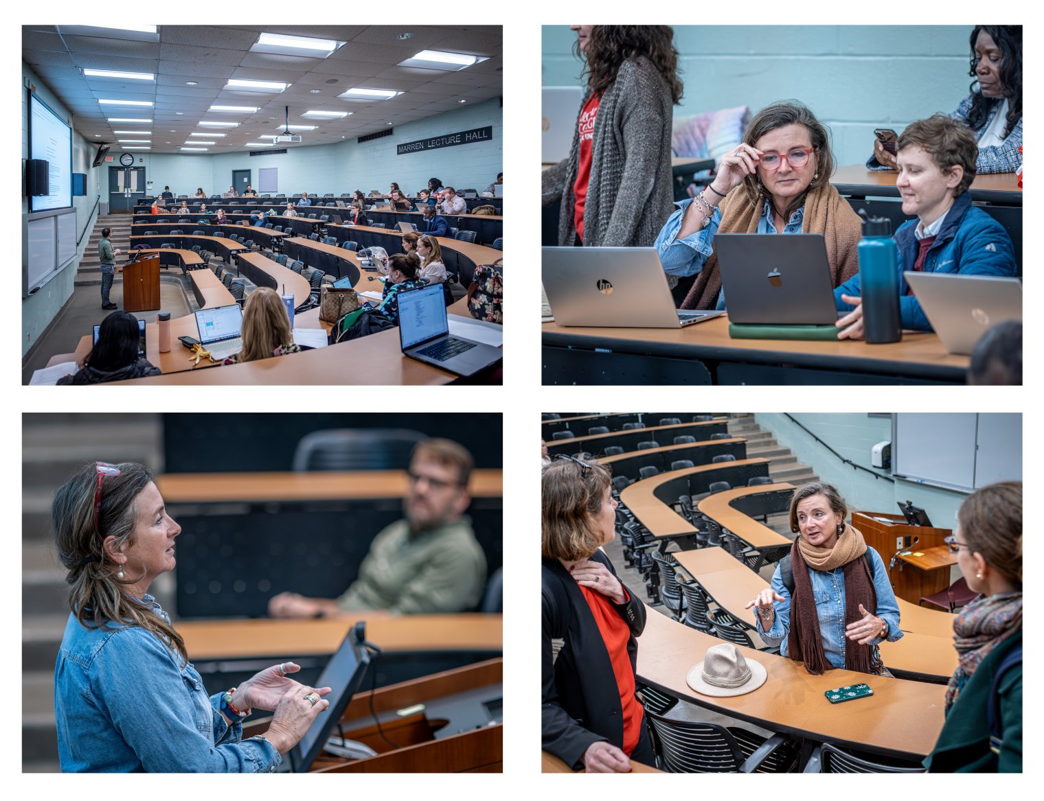 Four pictures in a square shape. One of an auditorium full of students, another of a woman and man collaborating over a laptop, another of the professor at the front of the lecture, finally of the professor explaining to her students. 