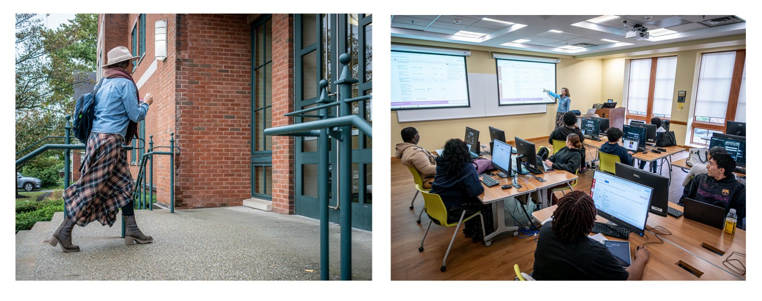 Two photos where a woman is entering a building and the other is of a classroom where students sit with their laptops. 