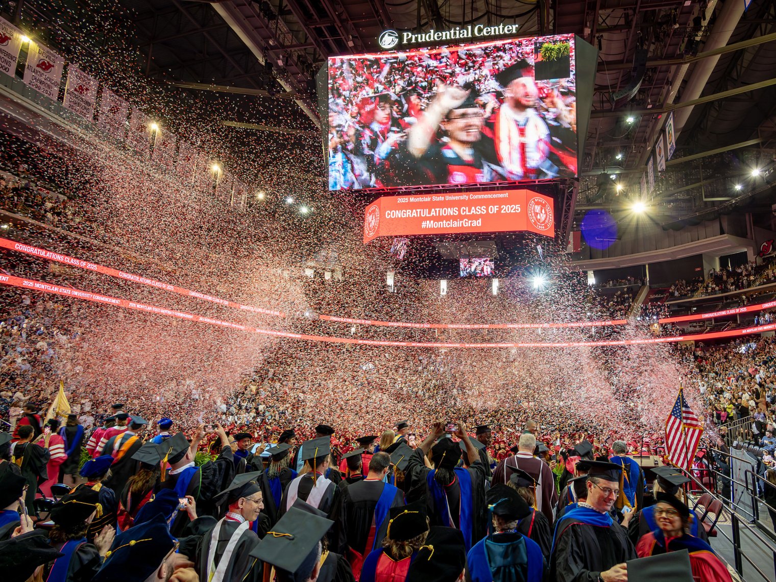 Confetti goes off at commencement. 
