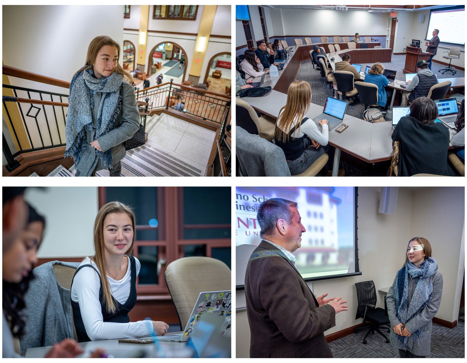 A collage of four photos shows Olga walking up the stairs in the Business school, seated at a desk in a classroom with other students, a close-up of Olga in class with her laptop, and talking with a professor.