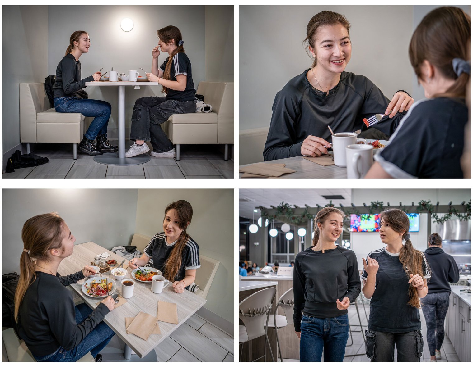 A collage of four photos show Olga and Milena seated at a table in the campus dining room, a close-up of Olga smiling while talking to her friend, a photo of them seated at the table showing their plates full of healthy food, and then walking out of the dining room.