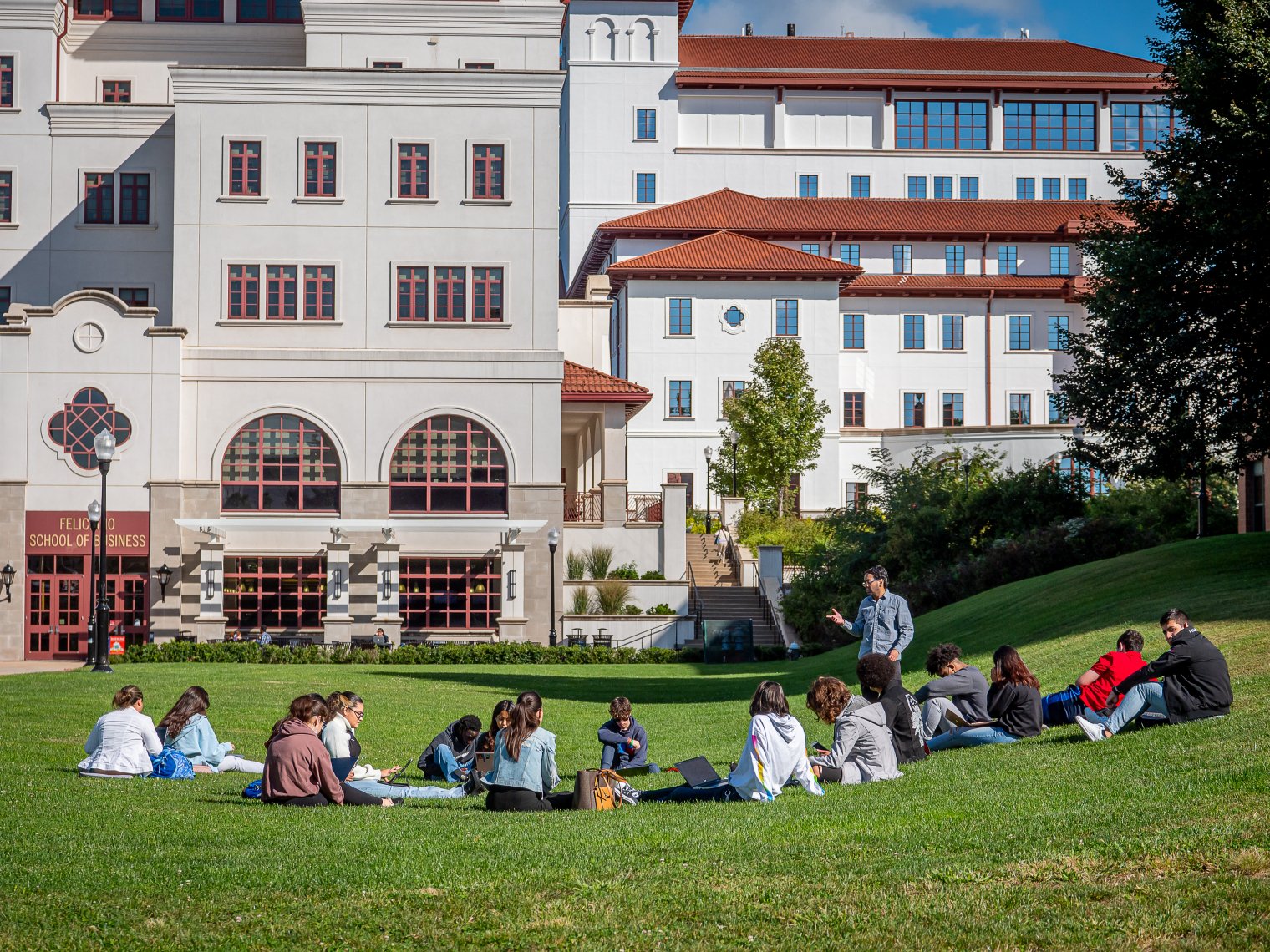 Group of students sitting down on grass while they are listening to a professor.