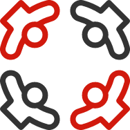 Line art of four people in a circle, two with a black outline and two in red outline.