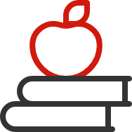 Line art of an apple on top of two books.