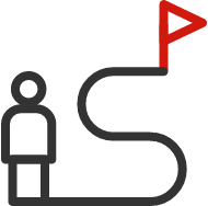 Line art of a person with a track to a red flag.