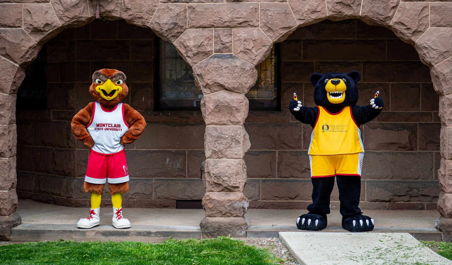 Rocky and Deacon standing under arches on Bloomfield campus