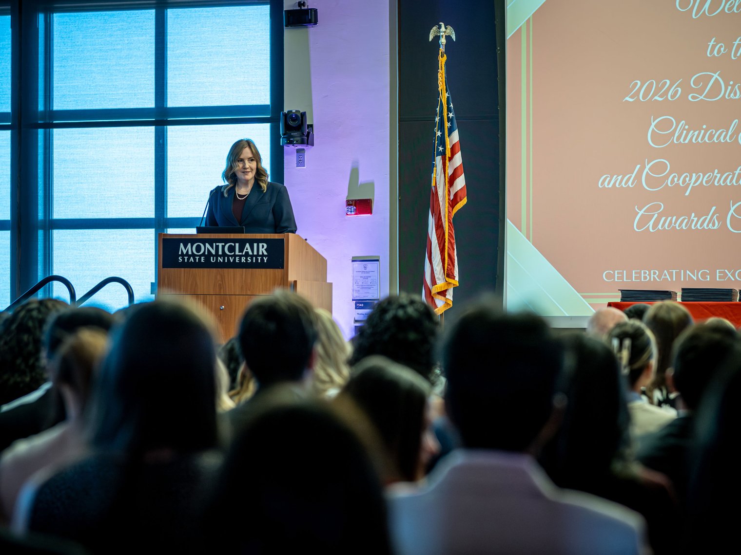 New Jersey Commissioner of Education Lily Laux addresses an audience at Montclair.