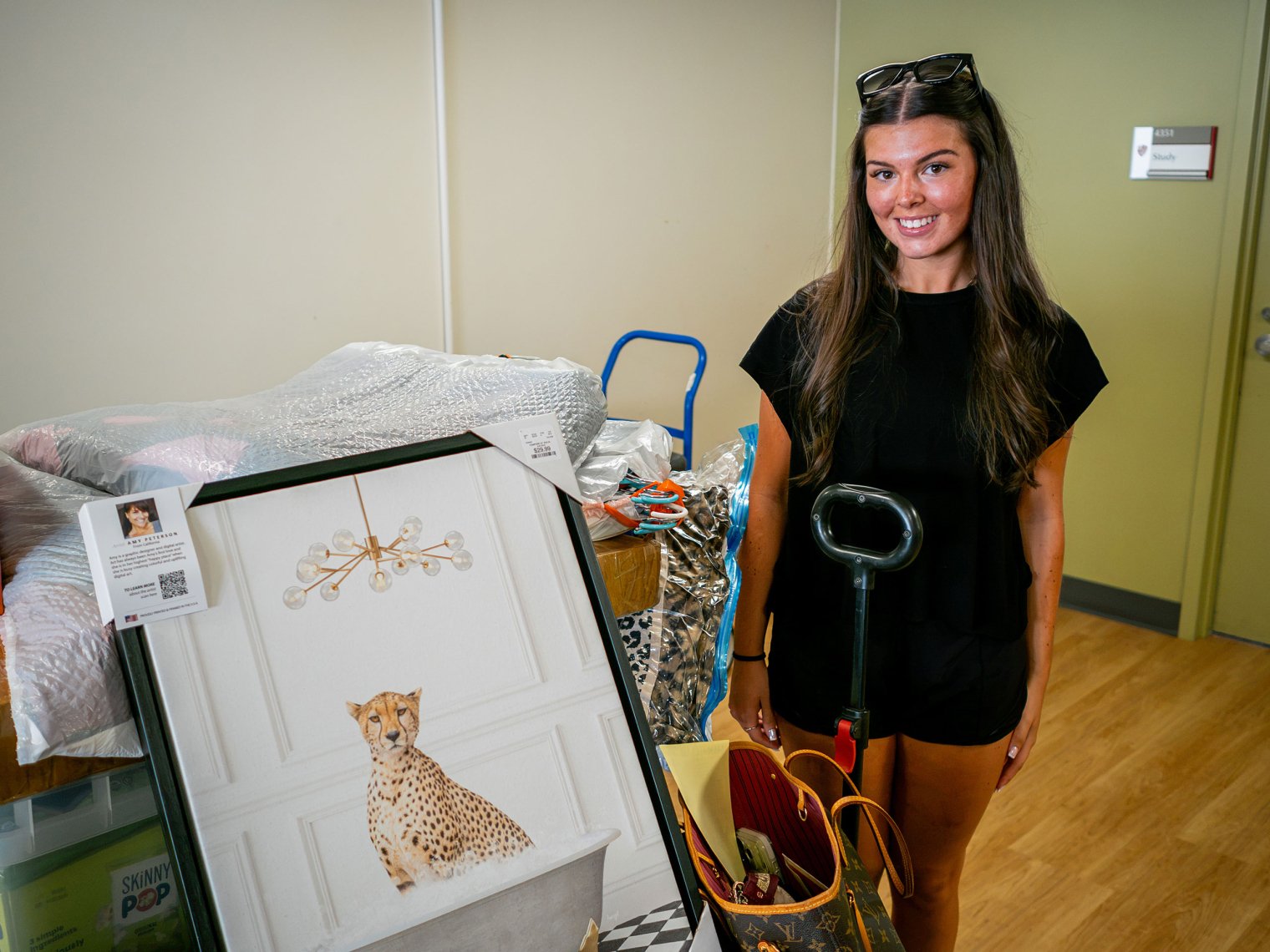 Ella Lagomarsino in her dorm lobby on move-in day.