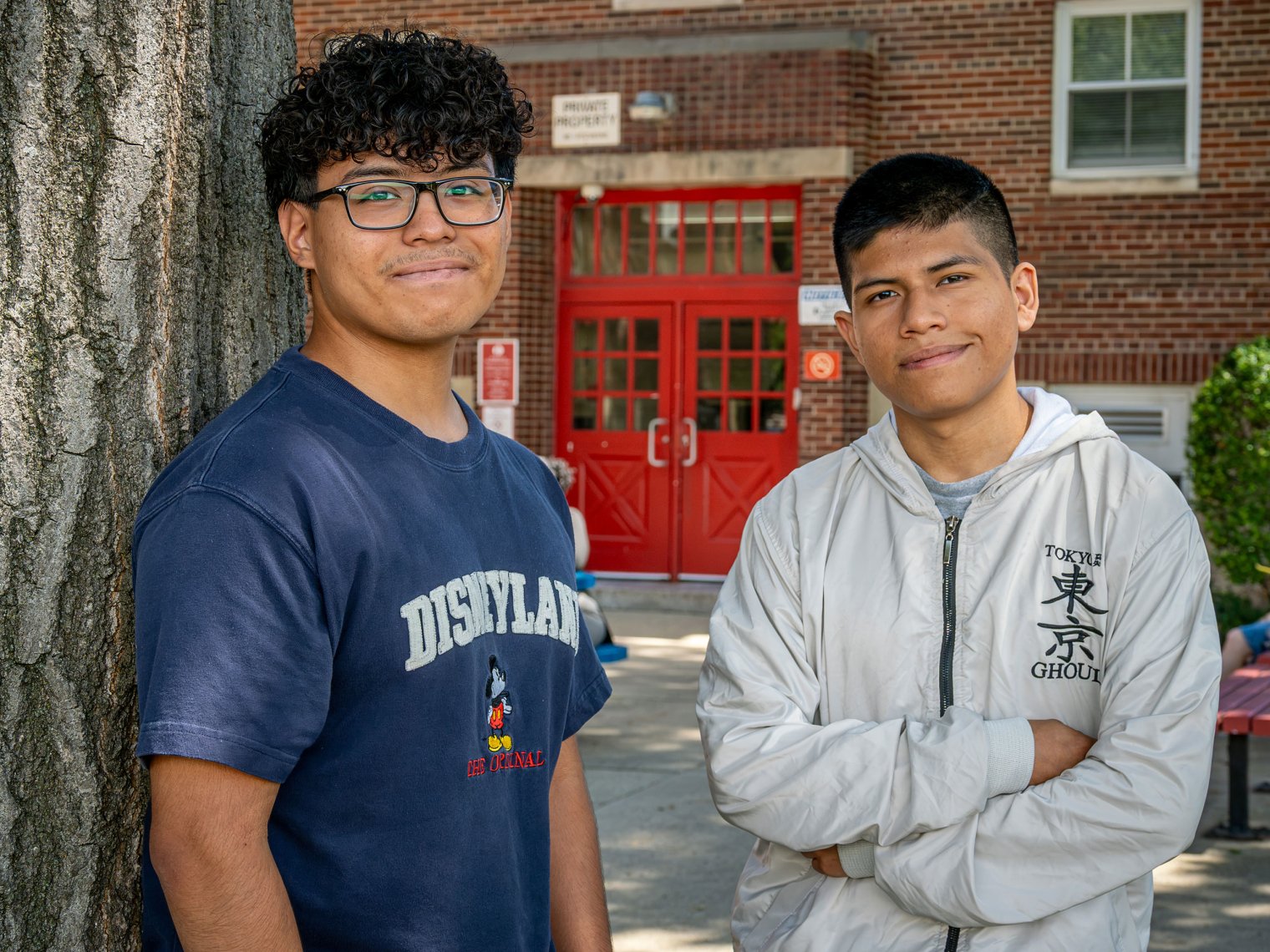 Students Steven Sullon and Daniel Perez pose next to eachother outside on Bloomfield campus