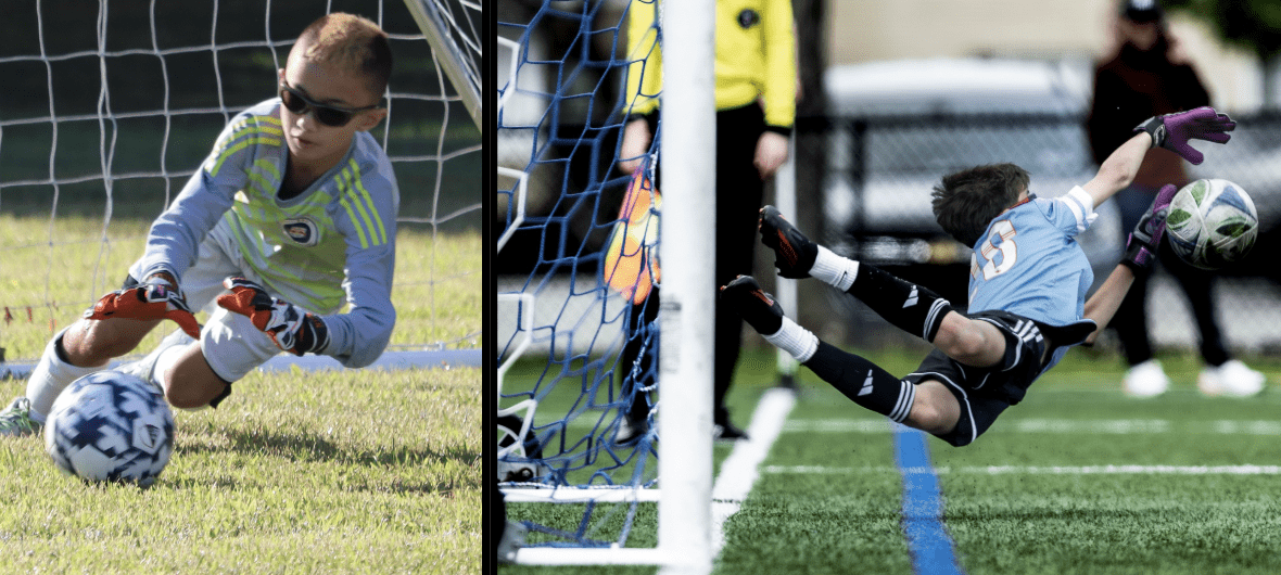 Two photos show a boy in each frame saving a ball in the goalie net of a soccer field.