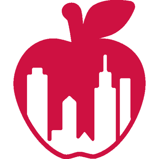 A red apple with skyscrapers in white inside.