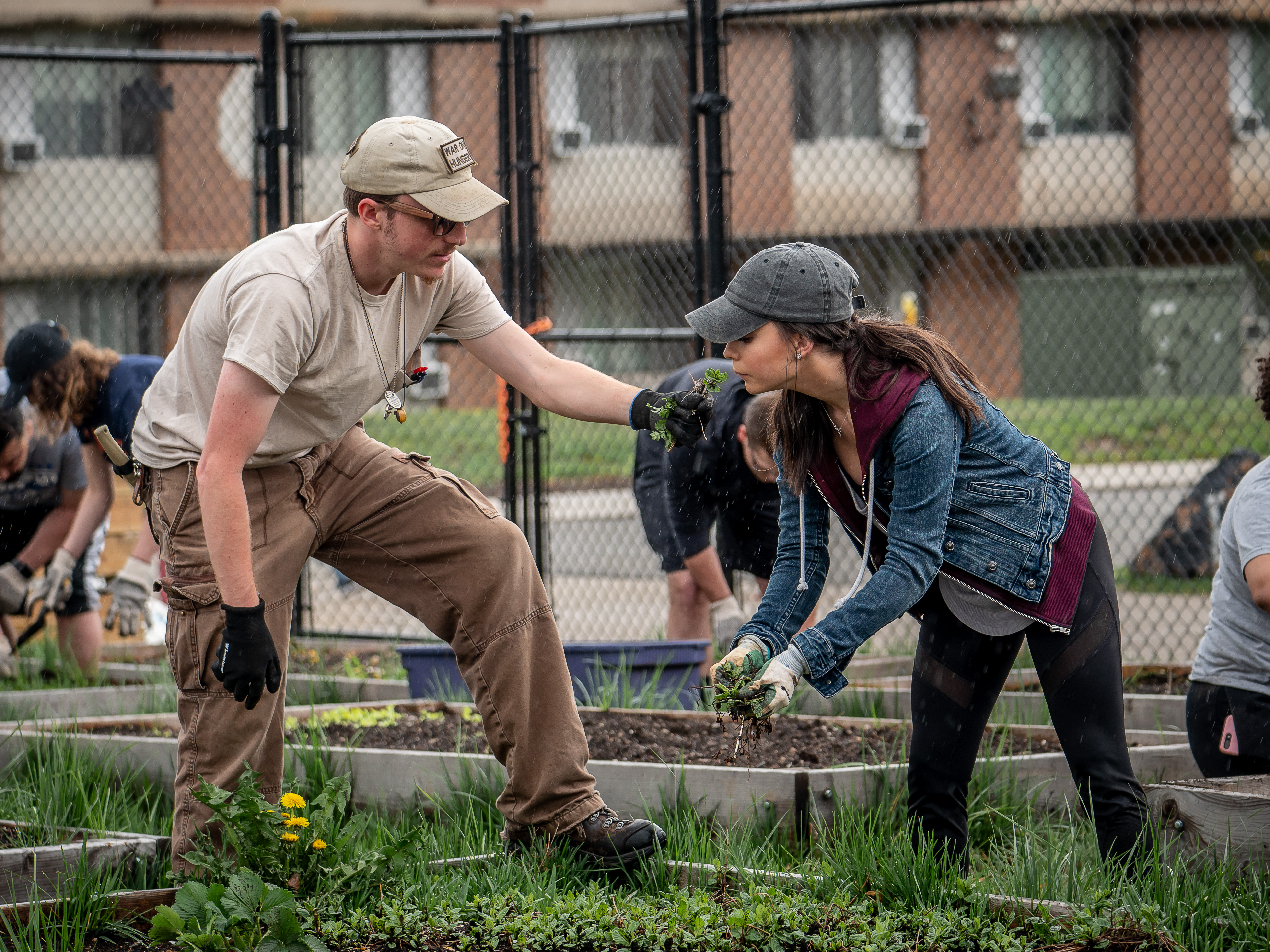 Former Garden Manager, Chris Snyder, shows a student early season herb plants that have sprouted as they prepare the garden beds for the growing season.