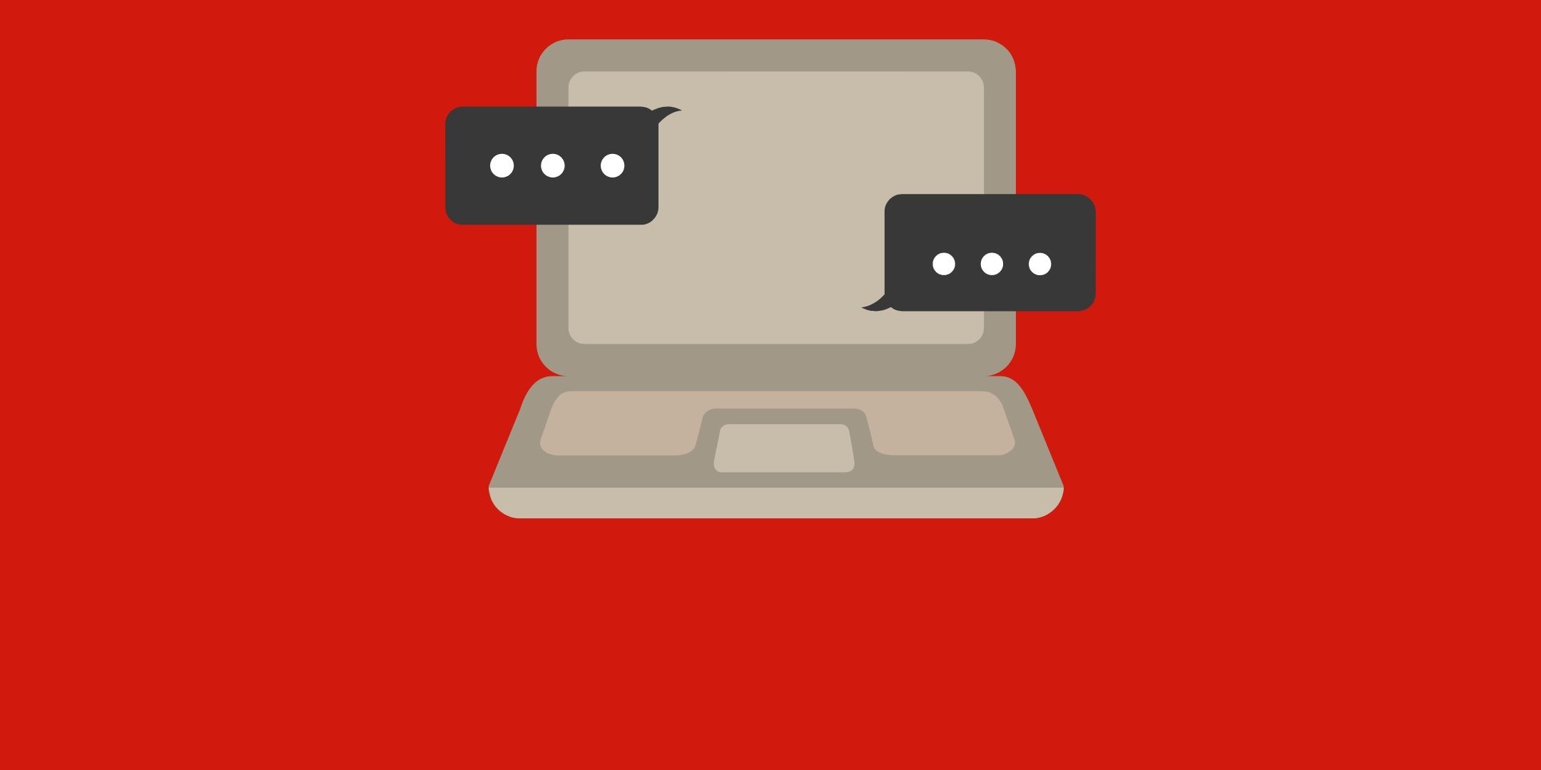 Clipart photo of beige laptop with black chat bubbles on screen on red background