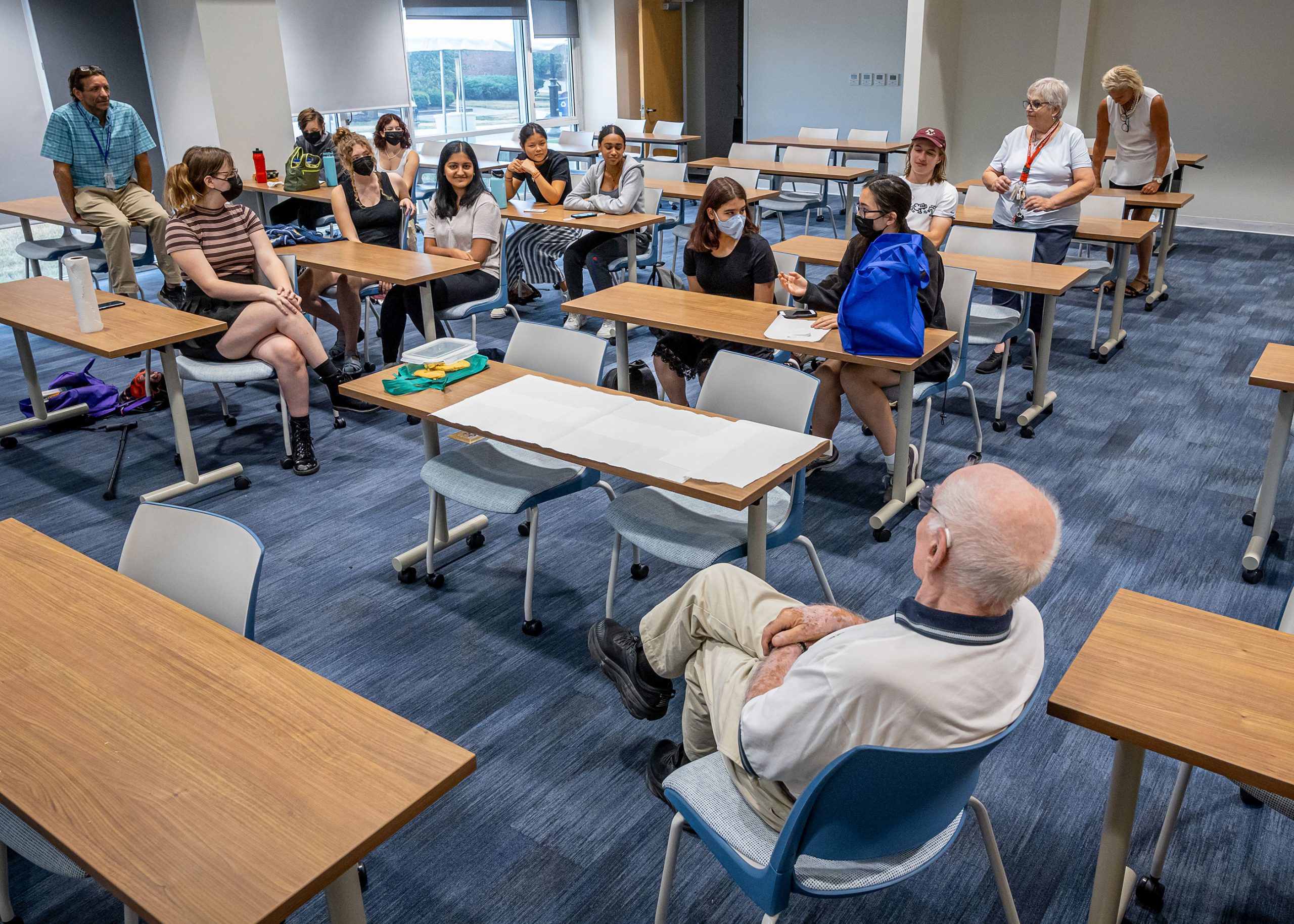 Weston Scholars showing Josh Weston what they are working in in their Biology group with Dr. Julian Keenan