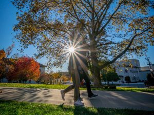 Image of students walking across campus with the sun peeking through the trees behind them.